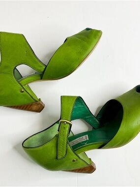 Vintage Leather Green Peep-Toe Mary Jane Heels
